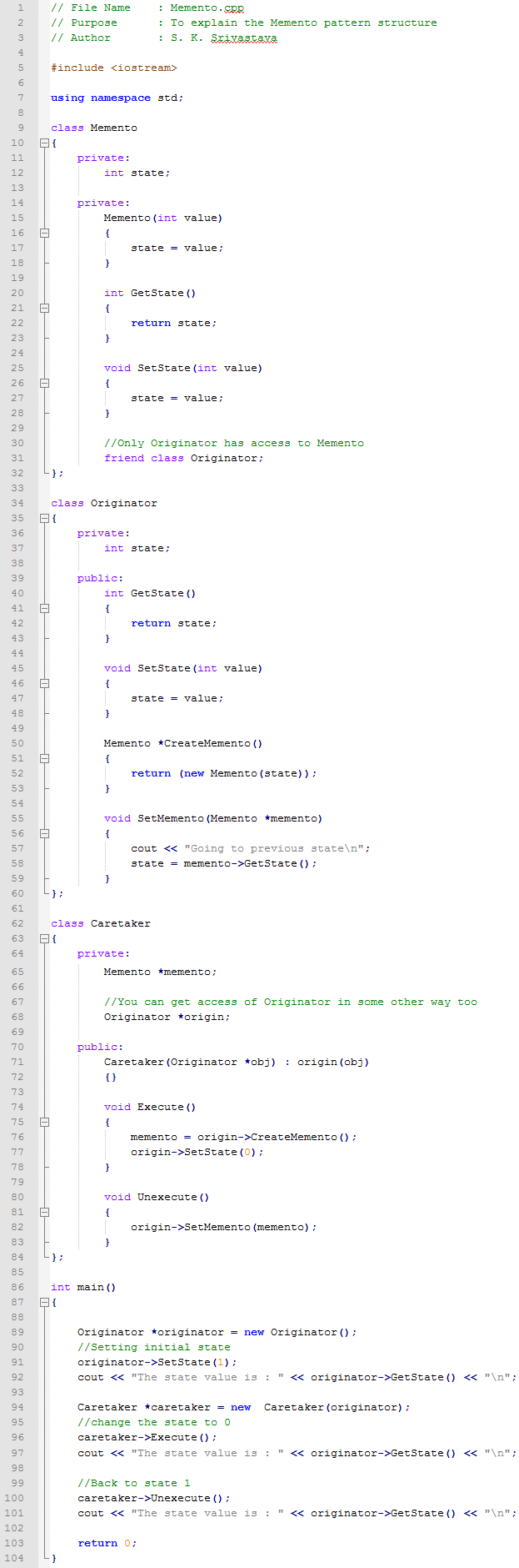 Memento design pattern In C++