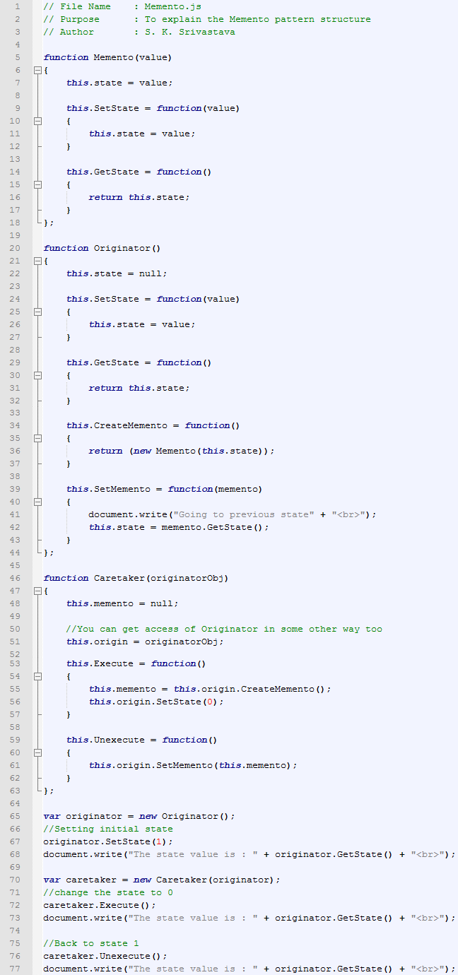 Memento design pattern In JavaScript