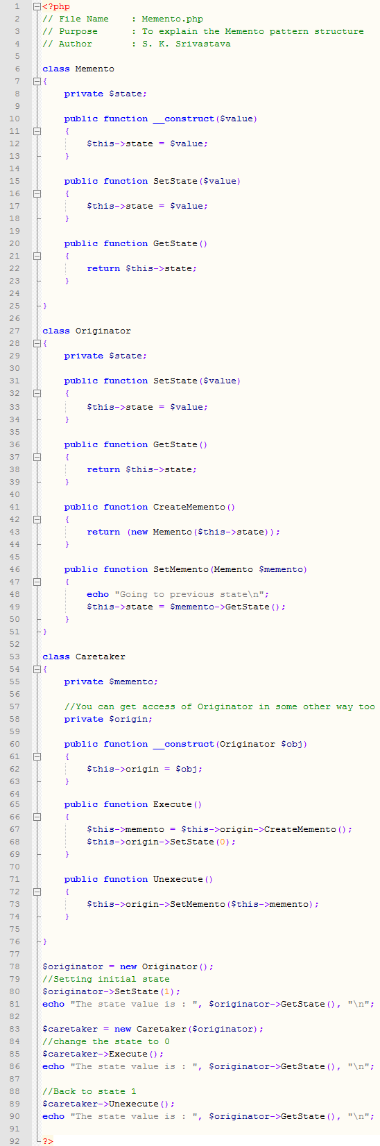 Memento design pattern In PHP